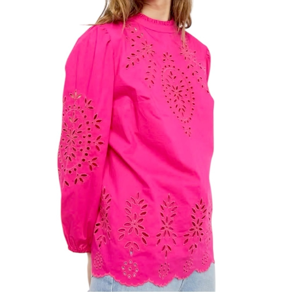 NWT J.Crew Cotton Hot Pink Eyelet Scalloped Hem Long Sleeve Blouse